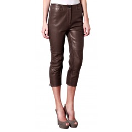 Womens Cool Slim Fit Pure Brown Leather Capri Pant