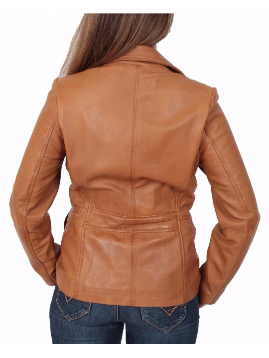 Womens Fitted Tan Brown Leather Blazer Jacket Coat