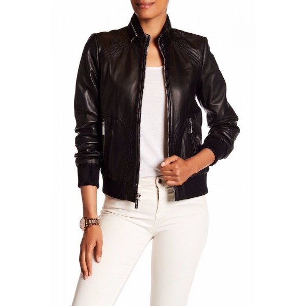 Womens Genuine Lambskin Black Leather Zip Moto Bomber Jacket