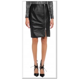 Womens Knee Length Genuine Soft Lambskin Black Leather Skirt