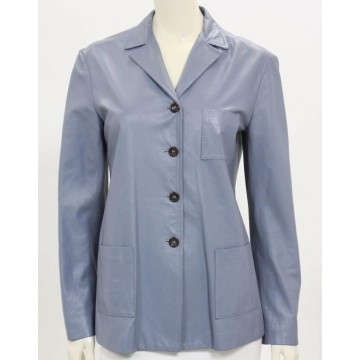 Womens Pure Blue Leather Simple Blazer Jacket