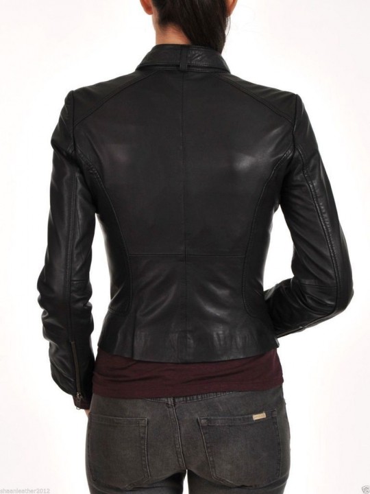Womens Slim Fit Pure Black Leather Motorcycle Short Jacket