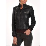 Womens Slim Fit Pure Black Leather Motorcycle Short Jacket