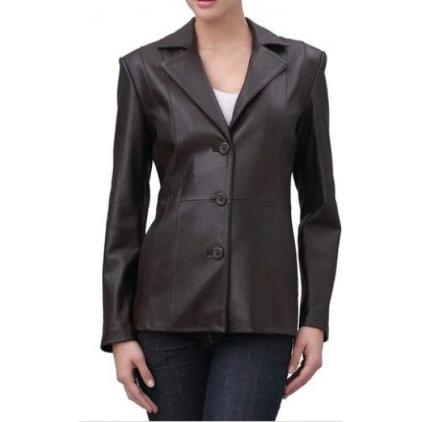 Womens Soft Genuine  Real Brown Leather Blazer Jacket Coat