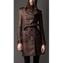 Womens Brown Long Leather Quilted Sleeve Trench Coat