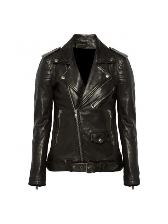 Womens Classic Leather Motorcycle Quilted Zip Up Jacket