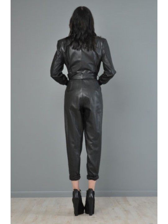 Womens Customized Genuine Black Leather Overall Jumpsuit
