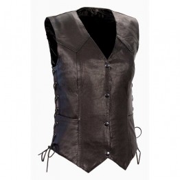 Womens Lightweight Black Leather Basic Side Lace Motorcycle Vest