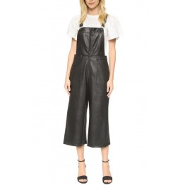 Womens Street Fashion Natural Black Leather overall Jumpsuit 