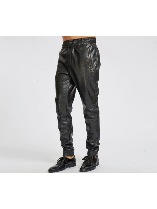 Ankle Zippers Pure Black Leather Joggings Trousers Pants For Male