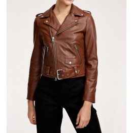 Authentic Custom Branded Brown Leather Biker Jacket for Women