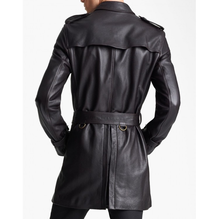Men's Black Genuine Leather Trench Coat Overcoat Long Coat Belted Soft Lambskin