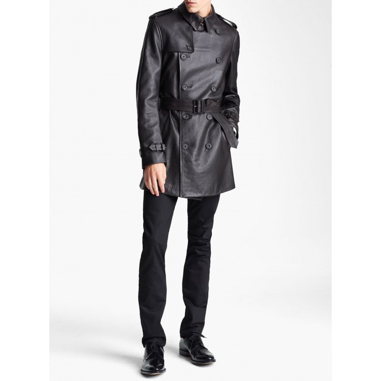 Men's Black Genuine Leather Trench Coat Overcoat Long Coat Belted Soft Lambskin