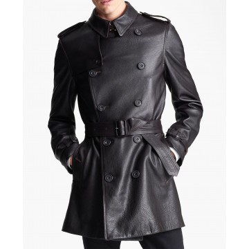Belted Fashion Soft Lambskin Black Leather Trench Coat for Men
