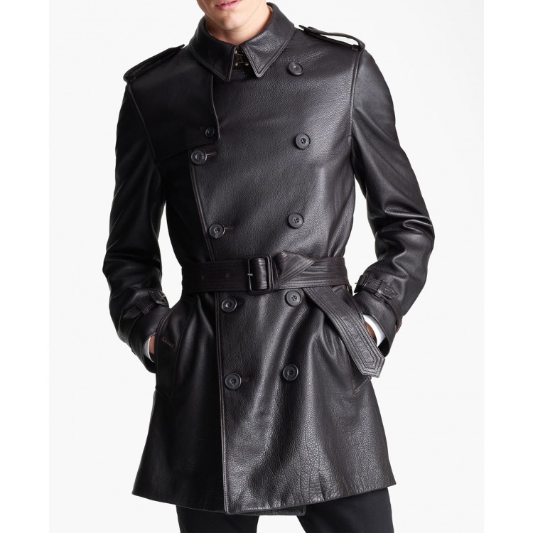 Soft Lambskin Black Leather Trench Coat, Black Leather Trench Coat Short