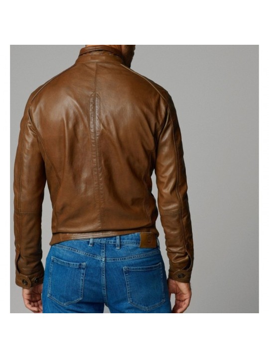 Best Quality Smooth Zip Closer Two Tone Brown Leather Bomber Jacket for Men