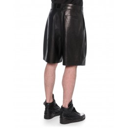 Black Leather Pleated Shorts for Men