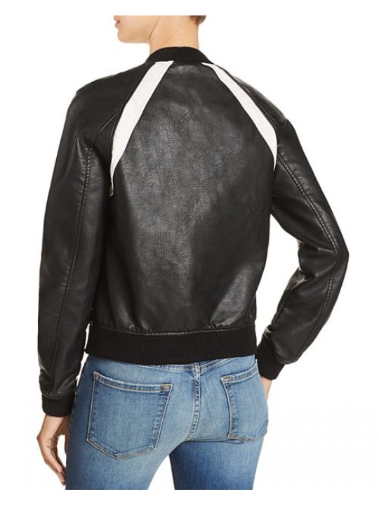 Casual Baseball Collar Black Leather Bomber Jacket for Women