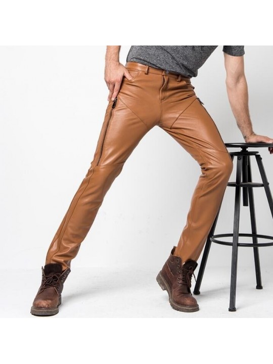 Casual Fashion Genuine Brown Leather Motorcycle Pants for Mens