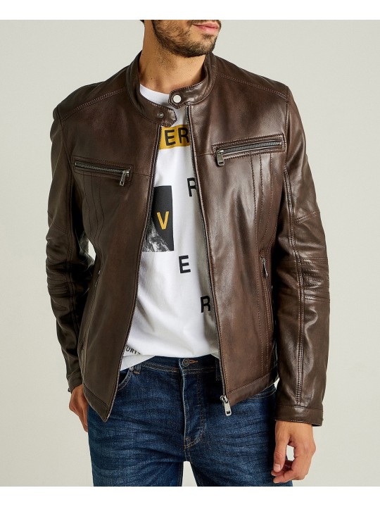 Classic Sporty Slim Fit Brown Leather Jacket for Men