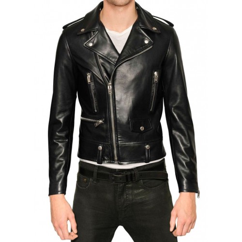 Custom Made Soft Lambskin Men Motorcycle Black Leather Jacket