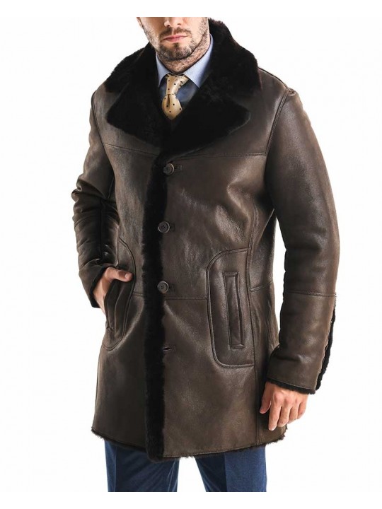 Deep Fur Collar Brown Leather Winter Coat for Men