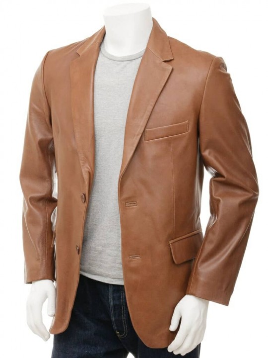 Designer Two Button Closure Soft Lambskin Brown Leather Blazer for Men