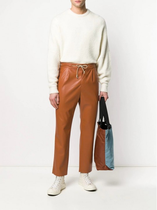Drawstring Waist Tan Leather Trousers Pant for Men