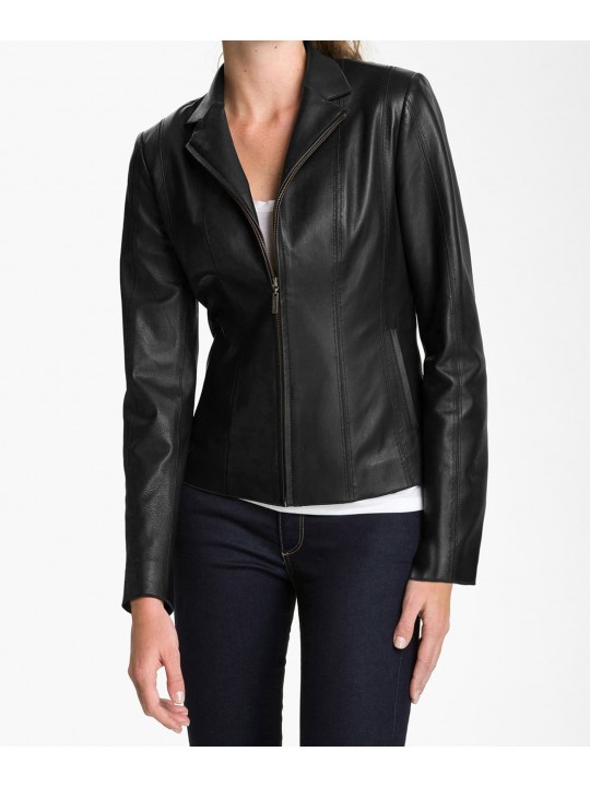 Elegant Black Leather Jacket For Women