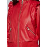Feminine Fashion Ruffled Red Leather Bomber Jacket for Ladies