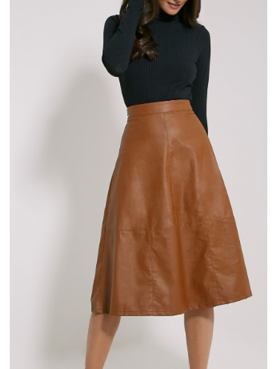 Feminine Style Tan Leather A-Line Midi Skirt for Ladies