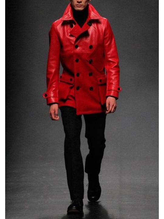 Front Button Closure Pure Red Leather Coat for Men
