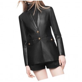Front Buttoned Pockets Pure Black Leather Blazer Coat for Women