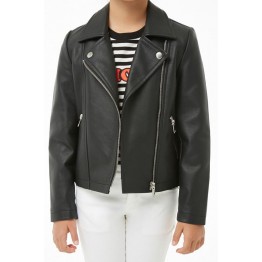 Girls Elegant Pure Black Leather Jacket