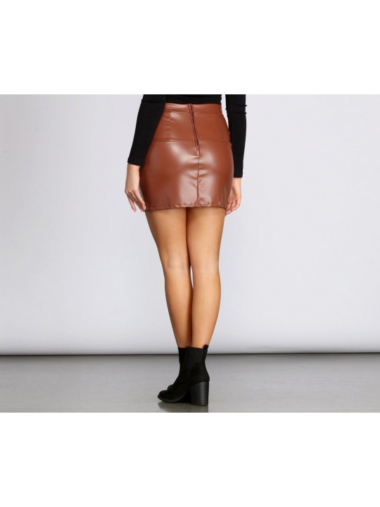 Girls High Rise Waist Hugging Fit Brown Leather Mini Skirt