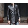 High Quality Collar Long Black Leather Coat for Men
