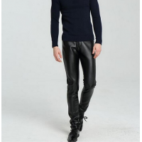 High Waist Slim Fit Black Leather Motorcycle Pants for Men