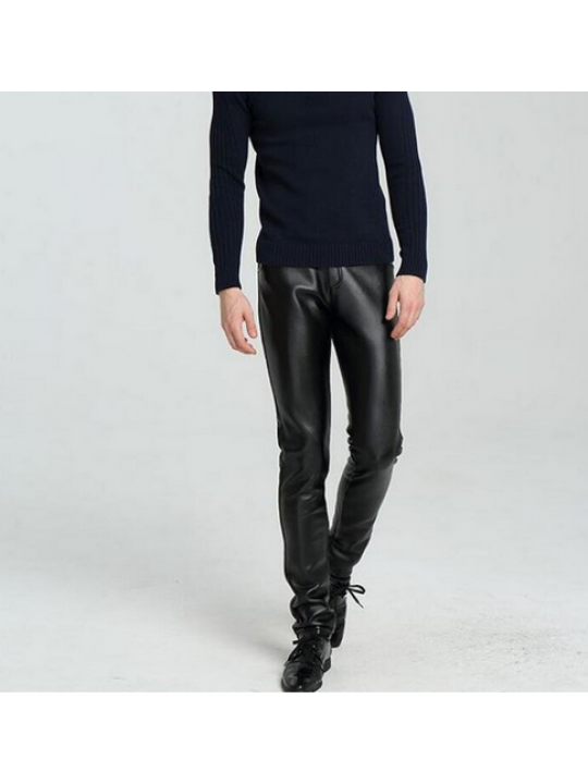 High Waist Slim Fit Black Leather Motorcycle Pants for Men