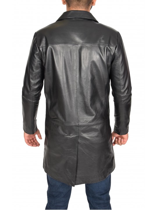 Iconic Crombie Style Long Black Leather Mens Coat