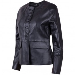 Ladies Front Button Closure Black Real Leather Jacket
