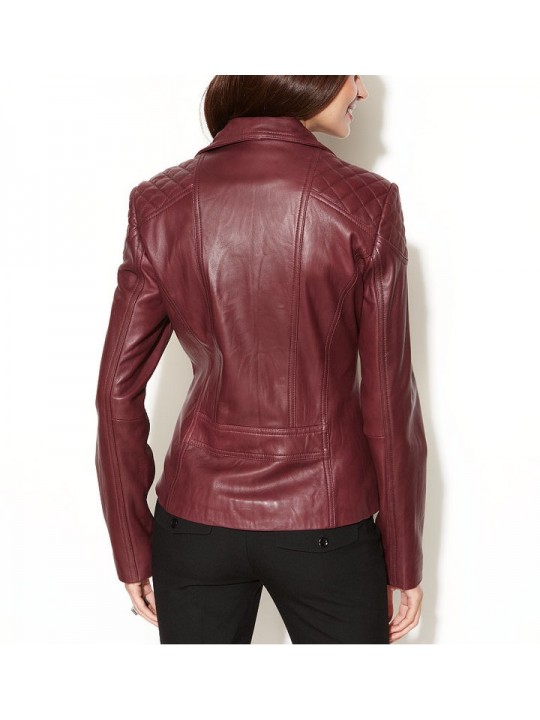 Ladies Casual Asymmetrical Quilted Burgundy Real Leather Jacket