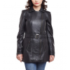 Ladies Fashion Long Pure Black Leather Coat