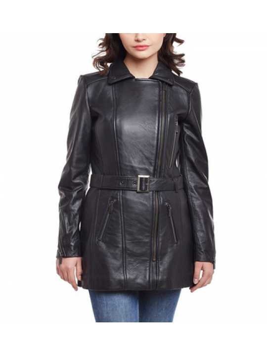 Ladies Fashion Long Pure Black Leather Coat