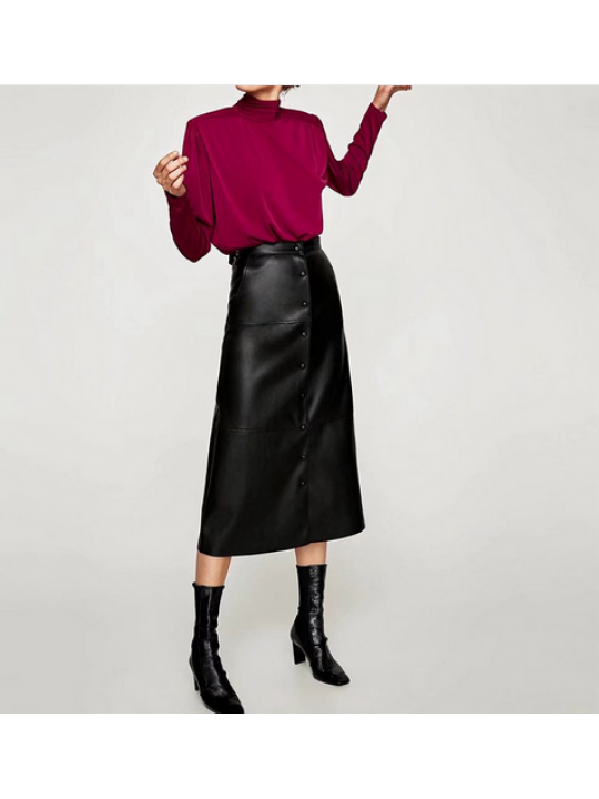 Ladies High Waist Long Maxi Black Leather Skirt