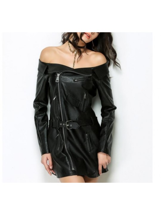 Ladies Long Sleeves Off Shoulder Black Leather Dress