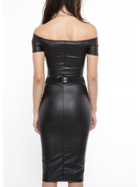 Ladies Off The Shoulder Black Leather Midi Dress for Fall