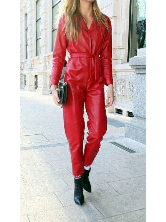 Ladies Red Hot Genuine Leather Catsuit Jumpsuit for Halloween