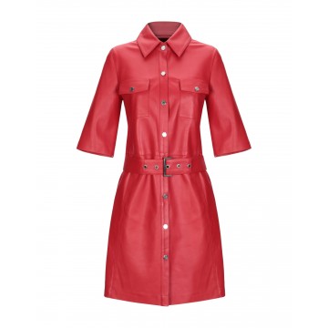 Ladies Single Breasted Belted Waistline Red Leather Coat