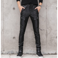 Male Casual Slim Fit Black Leather Trousers Pants 