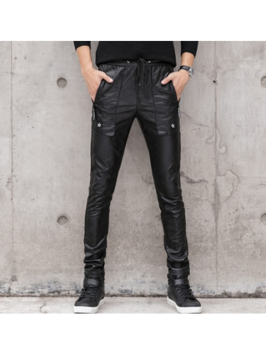 Male Casual Slim Fit Black Leather Trousers Pants